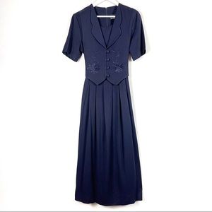 Vintage Navy Midi Dress with Built in Embroidered Vest